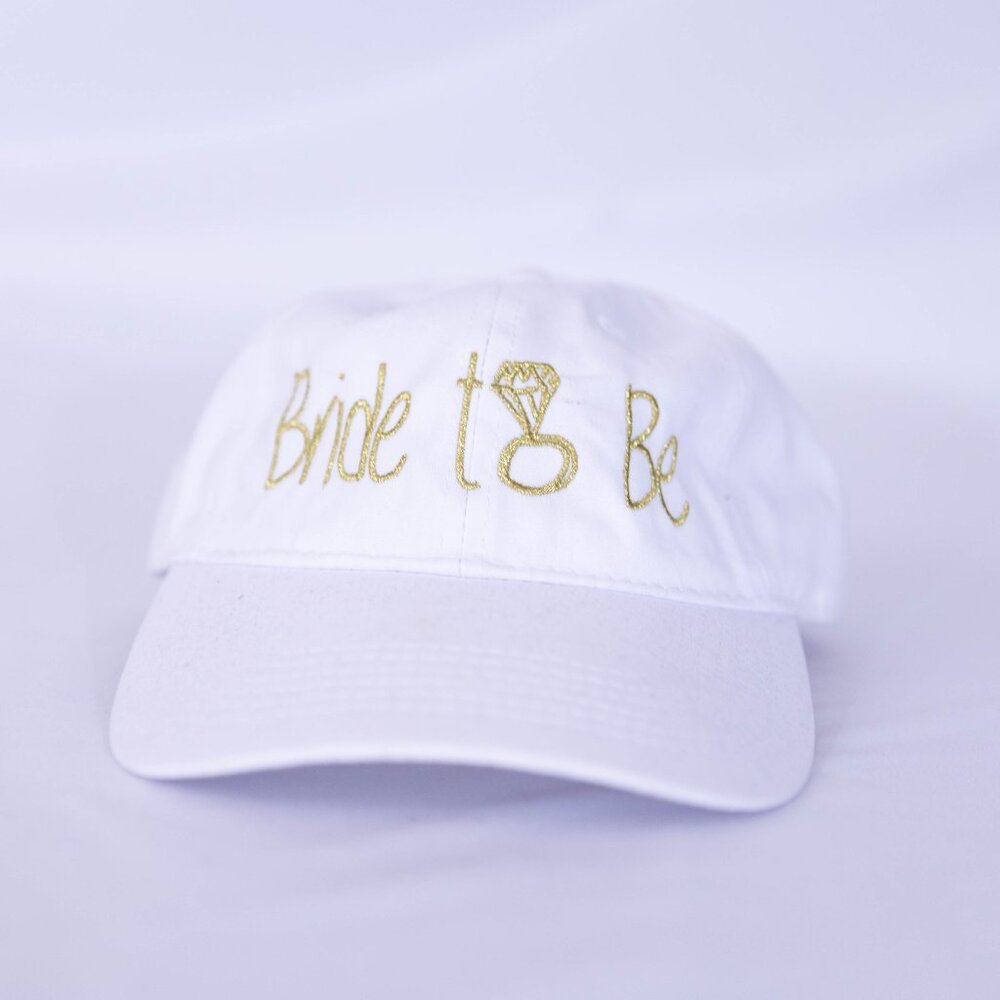 Bride-To-Be White Baseball Cap with Diamond Ring Design and Gold Embroidery